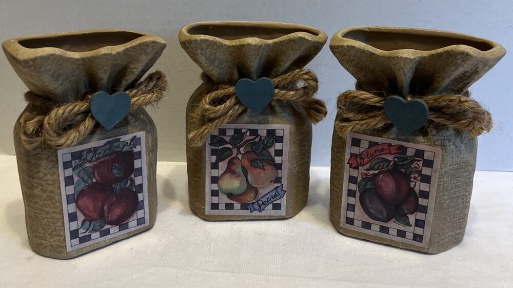 Home Interiors Homco Fruit Theme Country Burlap Sack Planters 1221 NIB